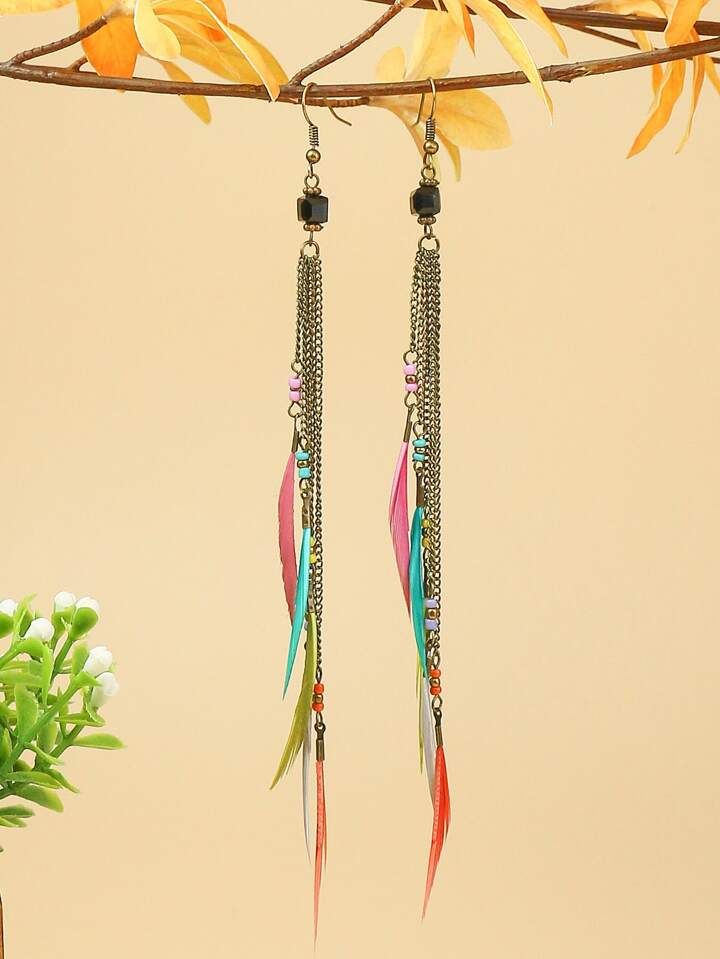 1pair Multicolored Feather Chain Tassel Earrings For Women, Suitable For All Seasons, Daily Life,... | SHEIN