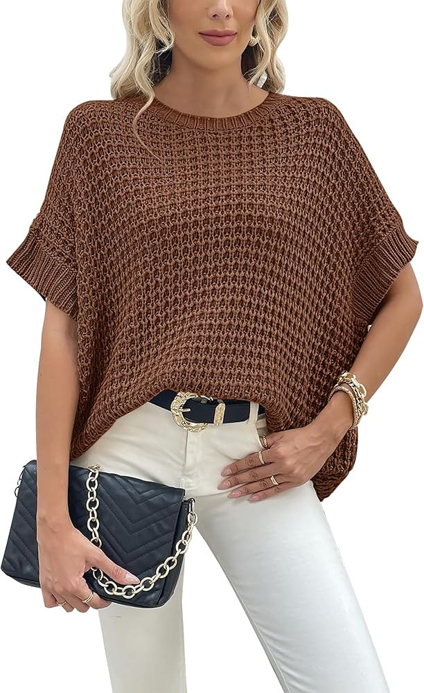 Jumppmile Womens Oversized Short Sleeve Sweater Waffle Knit Sleeveless Sweater Tops Fall Winter P... | Amazon (US)