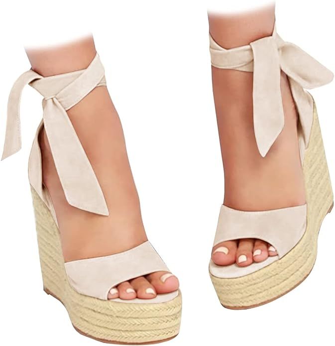 Womens Open Toe Tie Lace Up Espadrille Platform Wedges Sandals Ankle Strap Slingback Dress Shoes | Amazon (US)