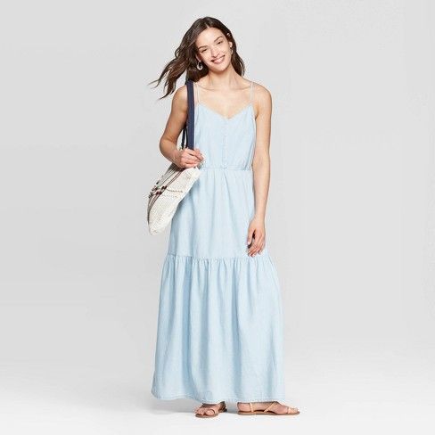 Women's Sleeveless Crew Neck Button Front Tiered Denim Dress - Universal Thread™ Blue | Target