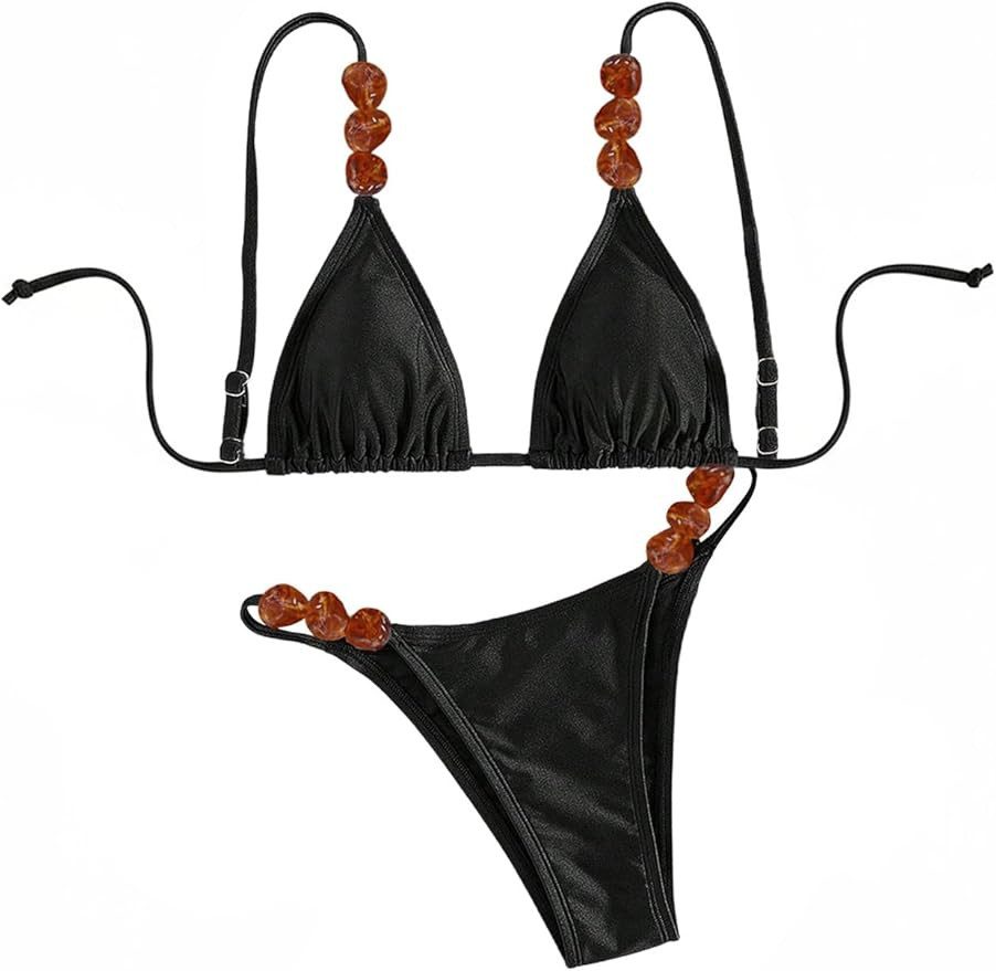 OYOANGLE Women's Triangle Thong Beaded Bikini Set 2 Piece String High Cut Swimsuits Bathing Suits | Amazon (US)