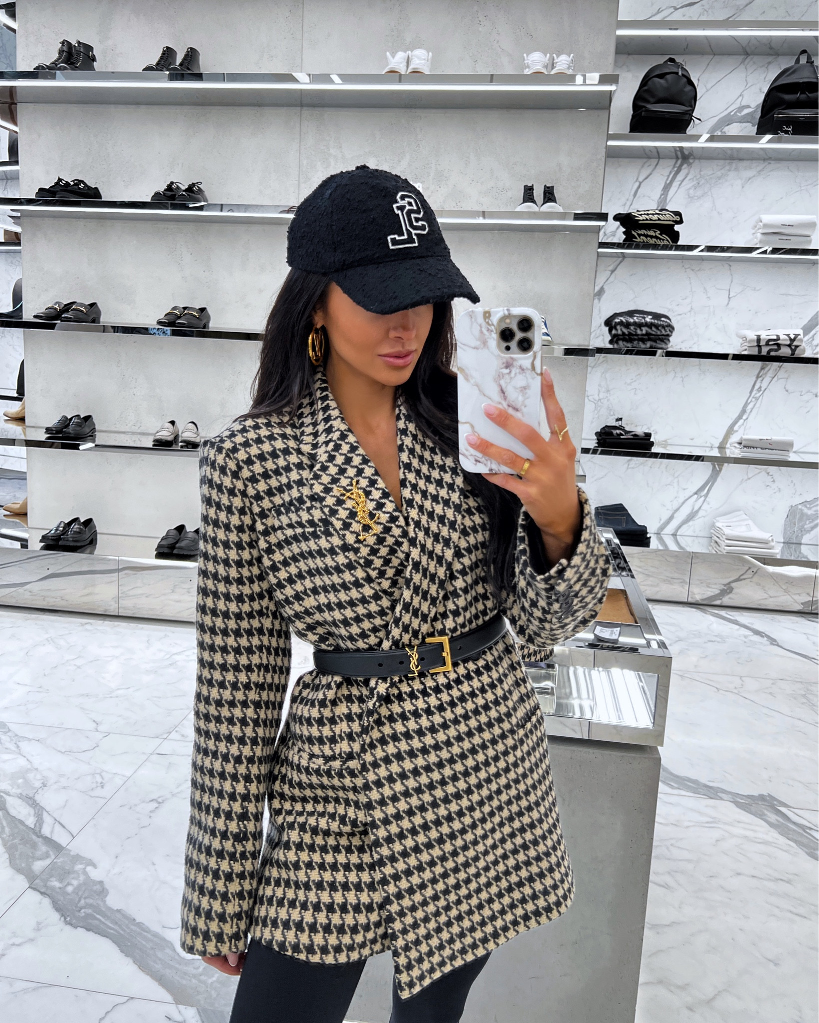 Casual shopping outfit ideas 
Anine Bing houndstooth blazer wearing an XS
Amazon bodysuit wearing a small
YSL Saint Laurent belt wearing a size 75
YSL baseball cap
YSL brooch


#LTKstyletip #LTKSeasonal #LTKworkwear