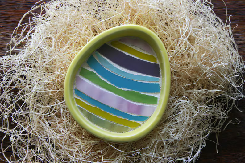 Yellow Easter Egg Ramekin Easter Candy Dish Spring Decorative Object Stained Glass Mosaic Striped... | Etsy (US)