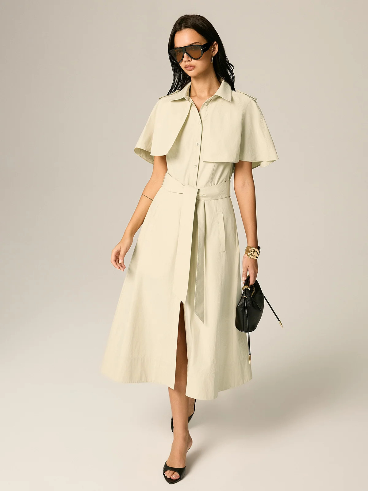 Cape Sleeve Belted Cotton Maxi Dress | Commense