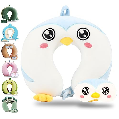 Sexysamba Cartoon Headrest & Neck Pillow for Kids Boys & Girls, Teens, Travel Accessories for Airplane, Car, Recline, Memory Foam Cute Travel Pillow with Sleep Eye Mask - Penguin | Amazon (US)