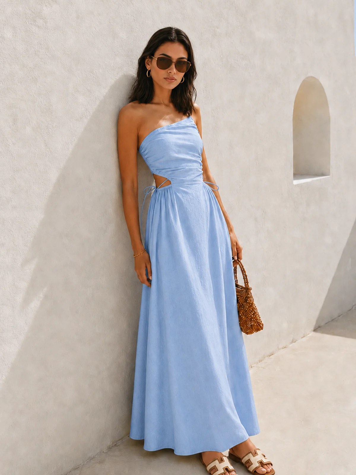 Cutout Tie-Side Cotton Linen Midi Dress | Commense