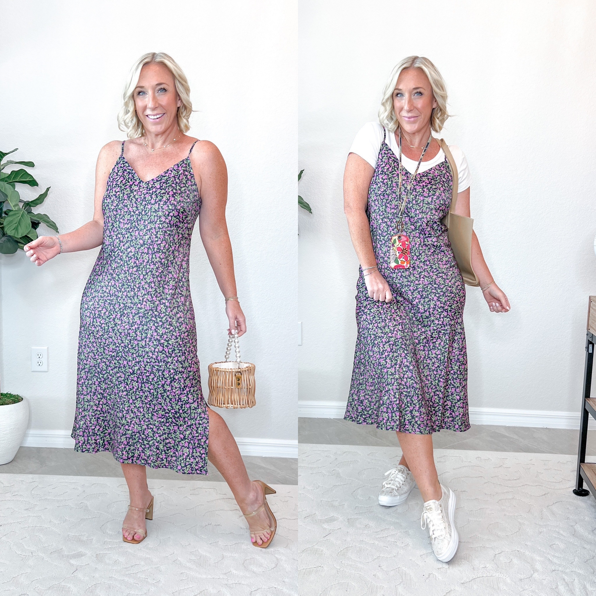 Slip dress - size medium (I didn’t size down in this one). $17.98. Has adjustable straps and a slit on one side  
White tee - size medium. Comes in a 2-pack. 
Heels & sneakers tts. 

#LTKSeasonal #LTKunder50 #LTKstyletip