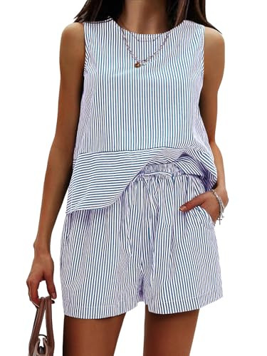 EXLURA Womens 100% Cotton Two Piece Sets Summer Outfits Casual Sleeveless Tank Top Matching Shorts Sets Beach Vacation Resort | Amazon (US)