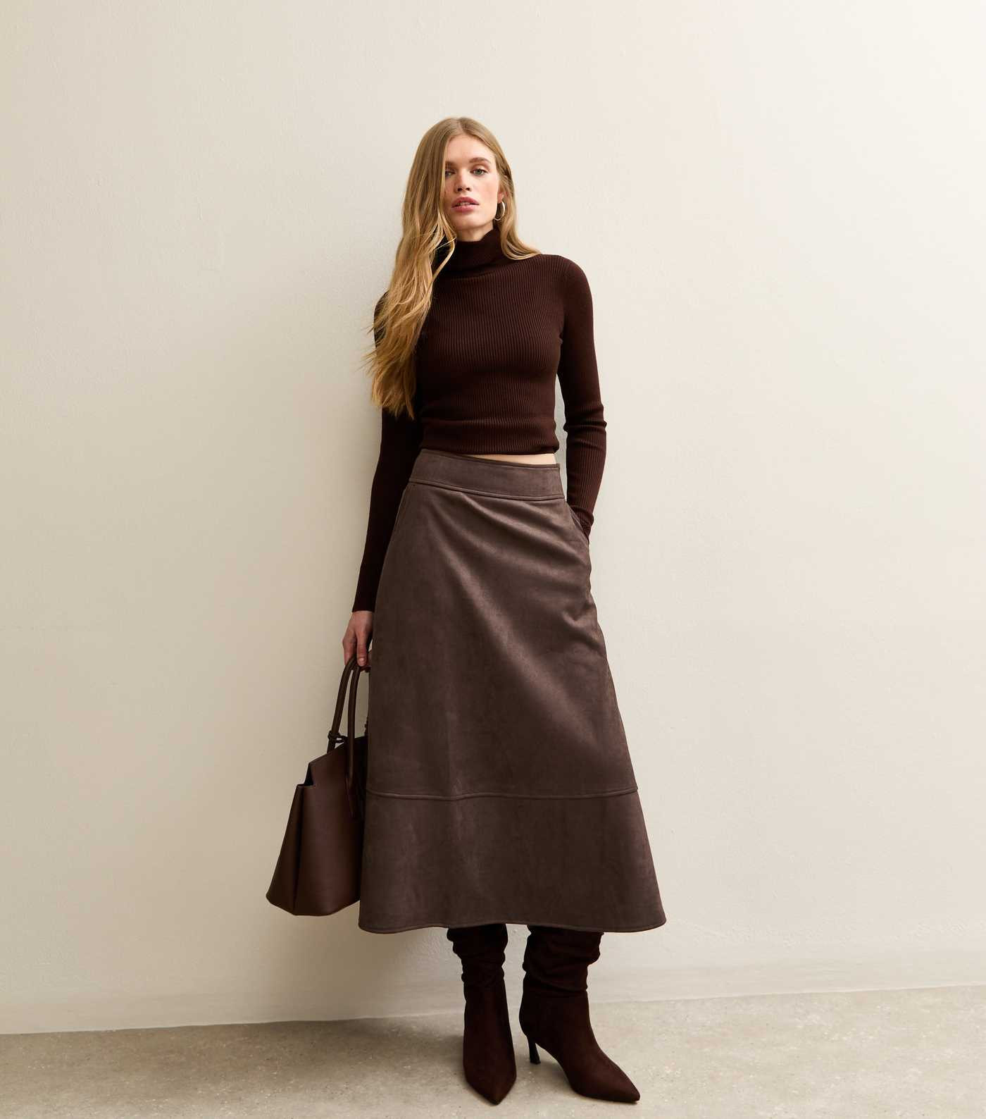 Dark Brown Faux Suede A Line Midi Skirt | New Look | New Look (UK)