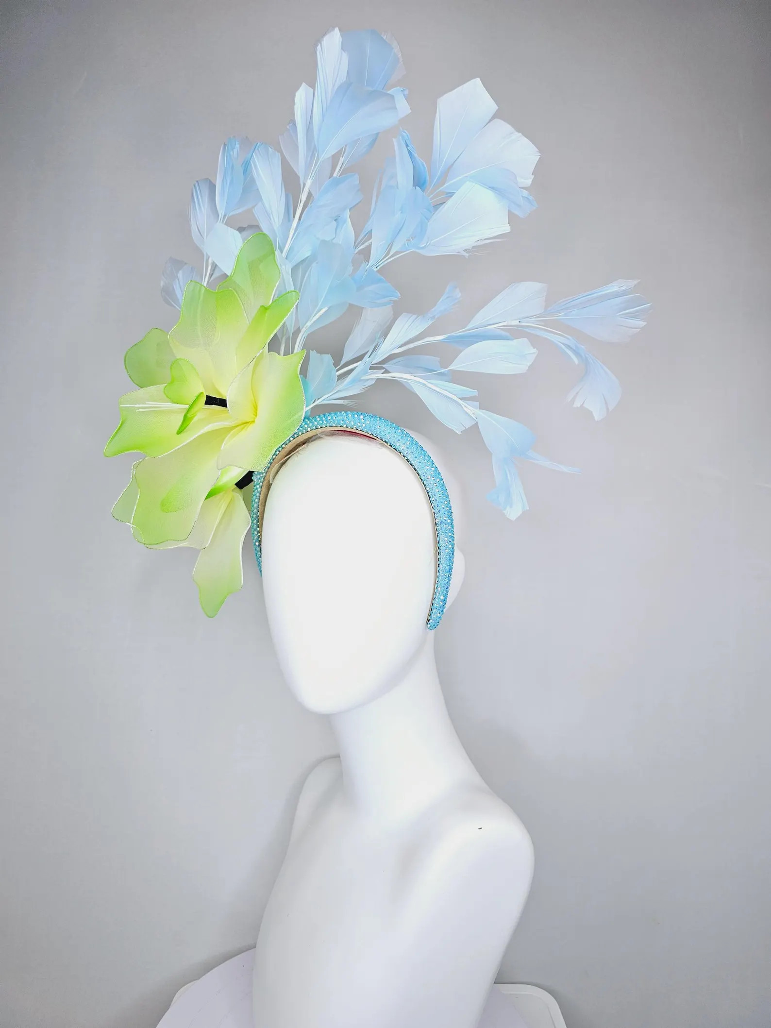 kentucky derby hat fascinator iridescent baby blue crystal headband with large ombre lime green y... | Etsy (US)