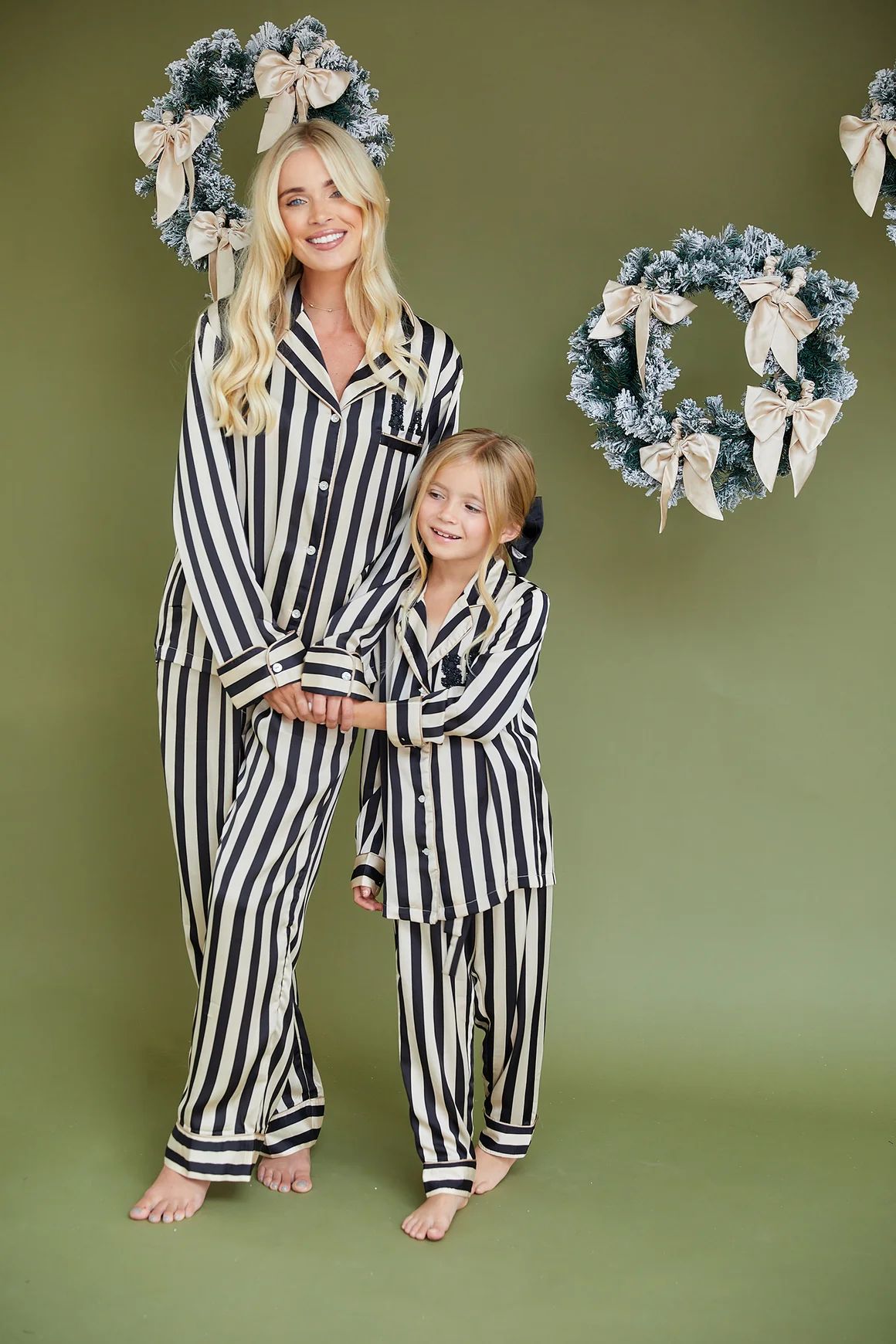 Personalised Luxury Satin Stripe Long Sleeve Pyjama Set with Black Initial Letter Embellishment -... | HA Designs