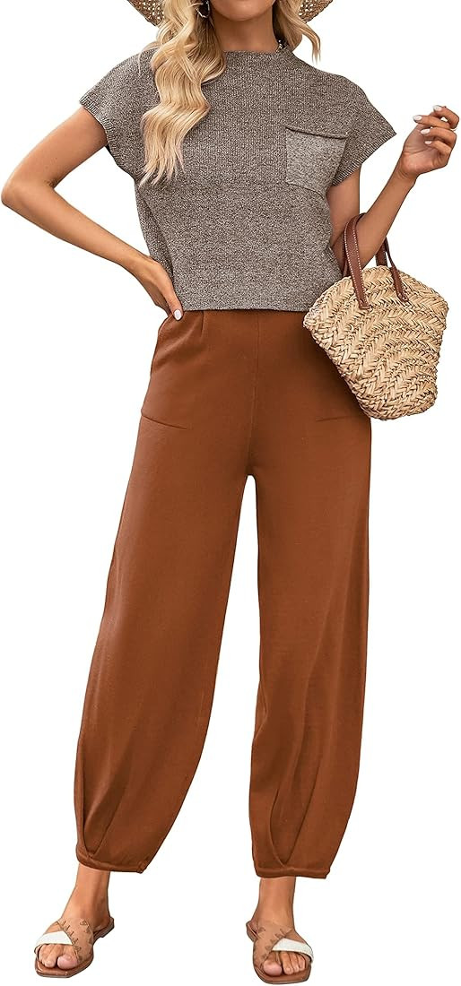 MEROKEETY Women Two Piece Outfits Sweater Sets Knit Pullover Tops High Waist Pants Lounge Set Tra... | Amazon (US)