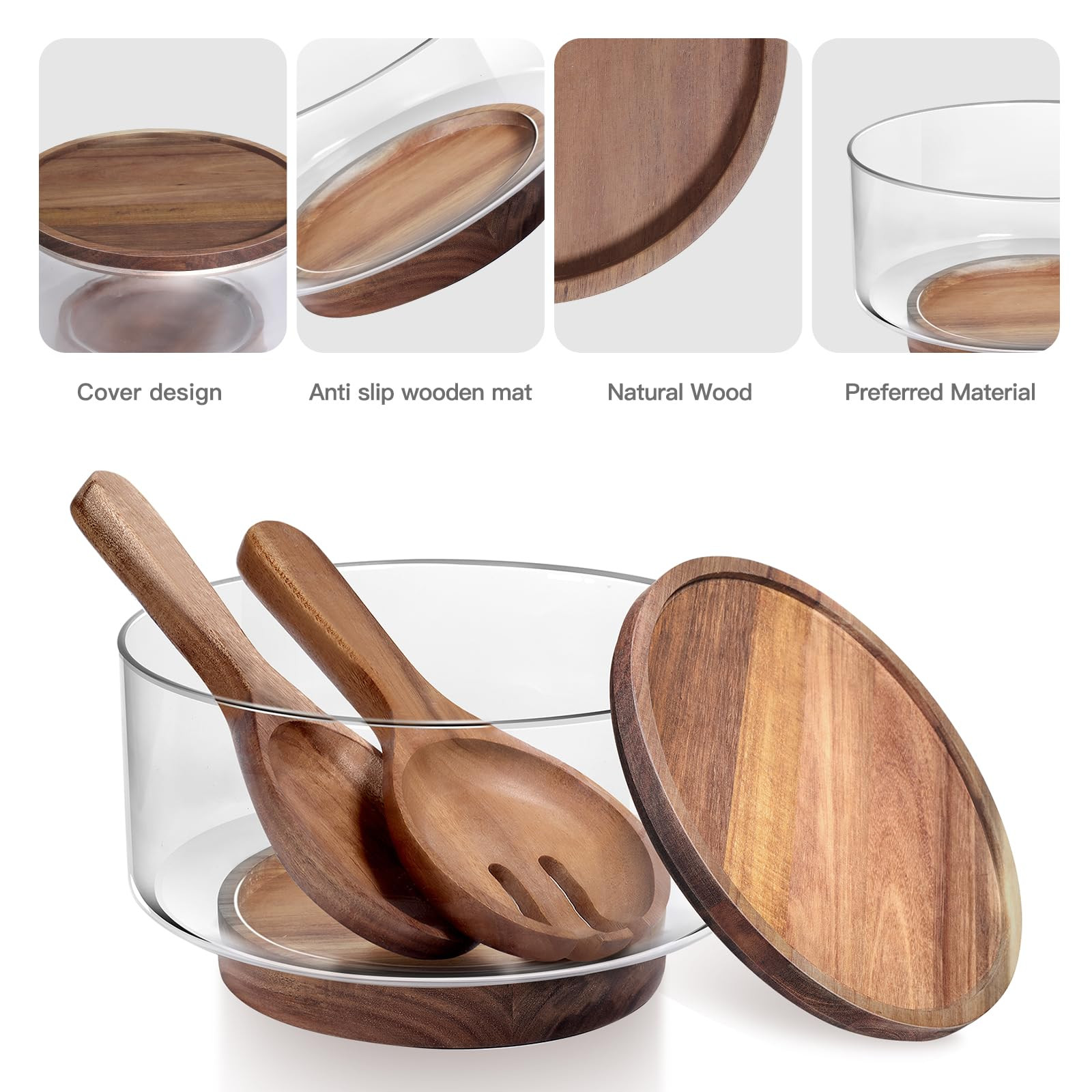 Large Glass Salad Bowls, Salad Bowl Set for Party with Acacia Wood Base and Lid and Salad Serving... | Amazon (US)