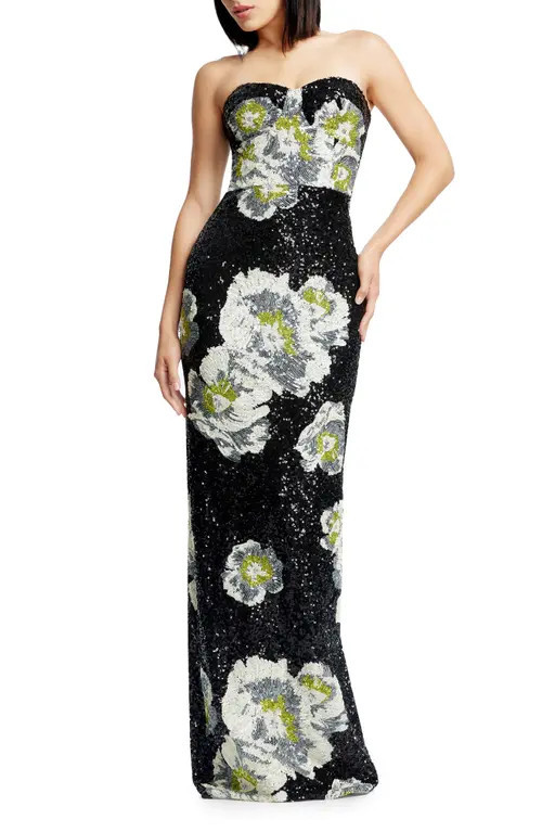 Dress the Population Vada Floral Sequin Strapless Gown in Black Multi at Nordstrom, Size Xx-Large | Nordstrom