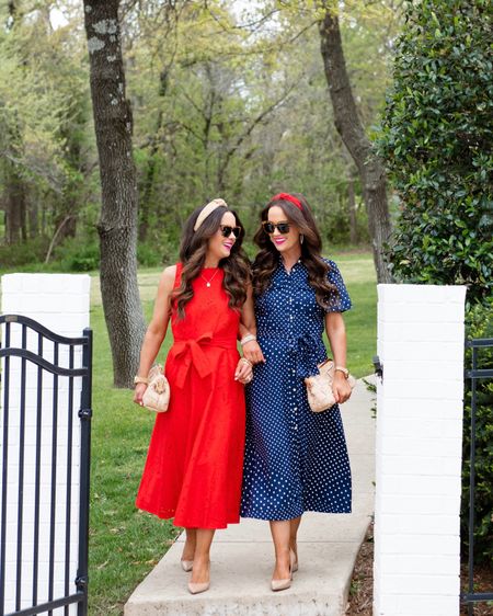Red eyelet or blue dots - which oh so cute new @anntaylor midi dress is your  favorite? ❤️ Memorial Day weekend is just a few weeks away and these chic midi dresses would be the perfect thing! This lovely polka dot shirt dress also comes in chambray as well as a versatile tan shade. And y’all already know we love these tan Mila heels. This adorable straw clutch is also from @anntaylor! Leave a comment below if you’d like us to DM you all the links. We also included some additional red, white and blue finds we know y’all will love! 🥰 xo,  L & W 

#LTKshoecrush #LTKsalealert