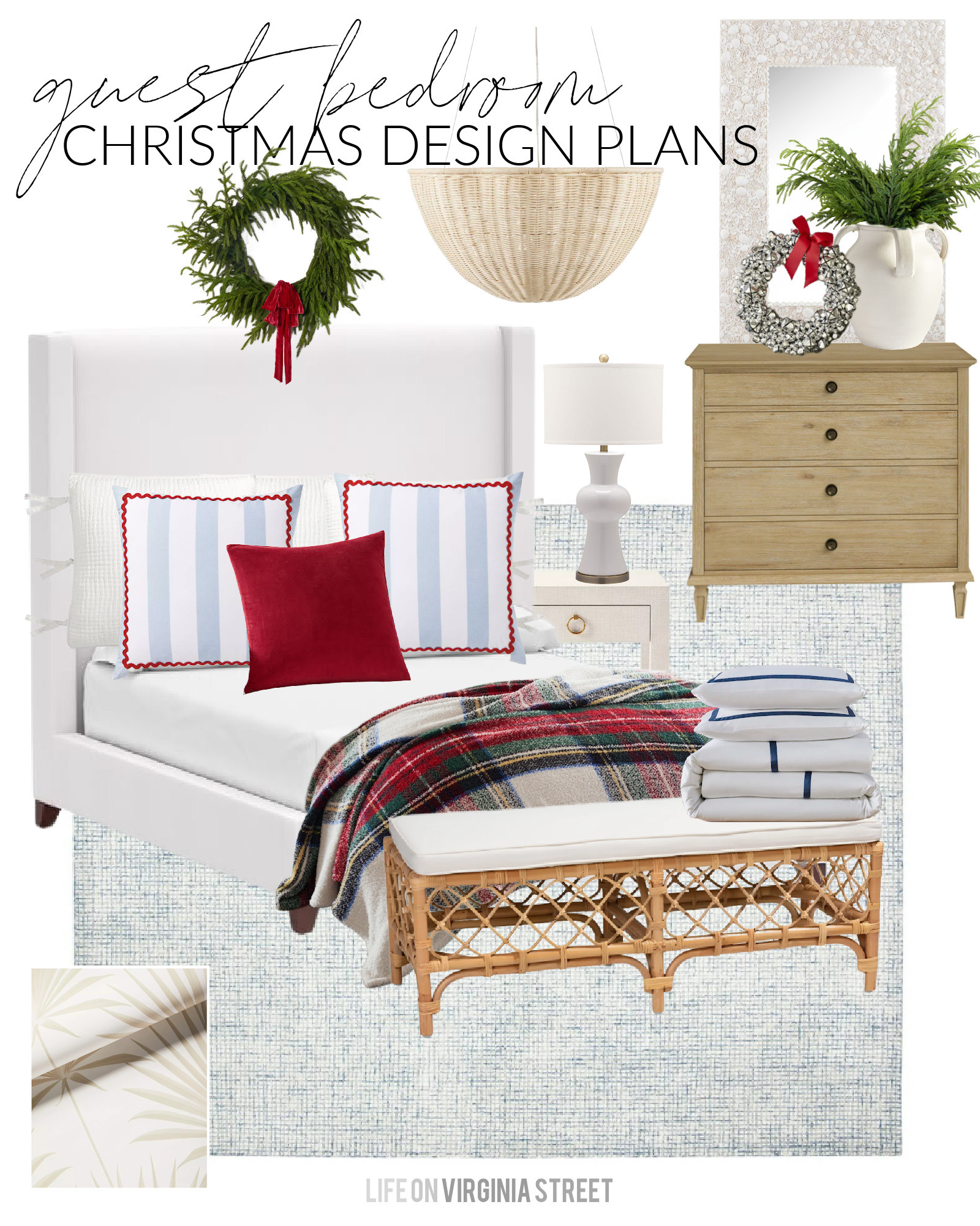 Our Christmas decorating plans for our coastal guest bedroom include light blue striped pillows with red ric rac, red velvet pillows, a plush Stewart plaid blanket, silver jingle bell wreath, faux greenery stems, a wreath with a red bow and more. Also including links to our white upholstered bed (as well as a look for less), tall wood dresser, rattan bench, palm wallpaper, scalloped wicker chandelier, blue grid rug, and hotel style bedding. See all of our Christmas design boards here: https://lifeonvirginiastreet.com/2024-christmas-design-boards/ #ltkholiday #ltkhome #ltksalealert #ltkfindsunder50 #ltkfindsunder100 #ltkstyletip #ltkseasonal 

 #LTKHoliday #LTKHome #LTKFindsUnder100