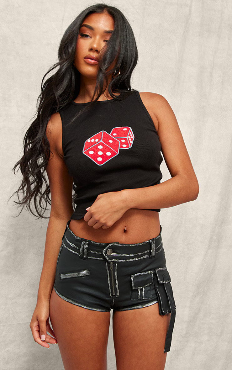 Black Coated Denim Contrast Binding Hot Pants | Denim | PrettyLittleThing US