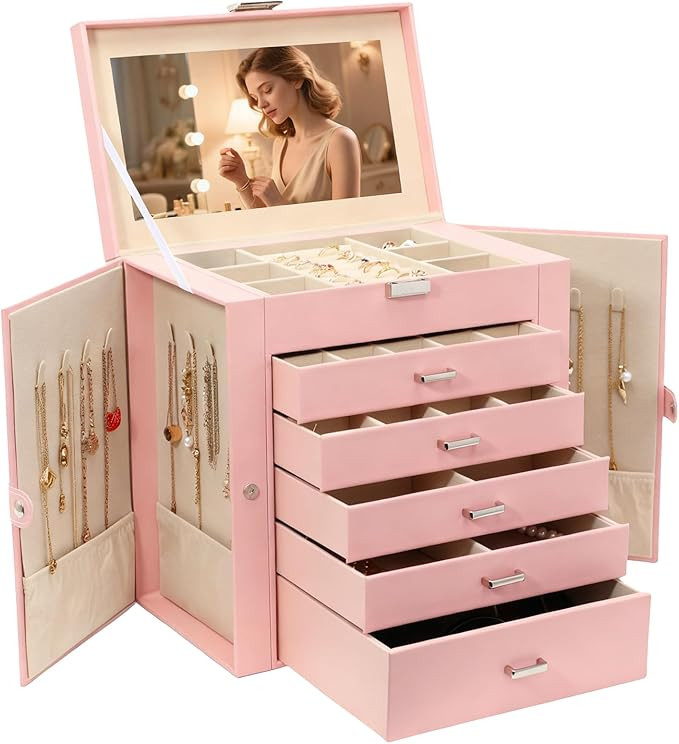 BOOVO Jewelry Box For women, 6 Layer Large Jewelry Organizer With Mirror, Multi-Function Storage ... | Amazon (US)