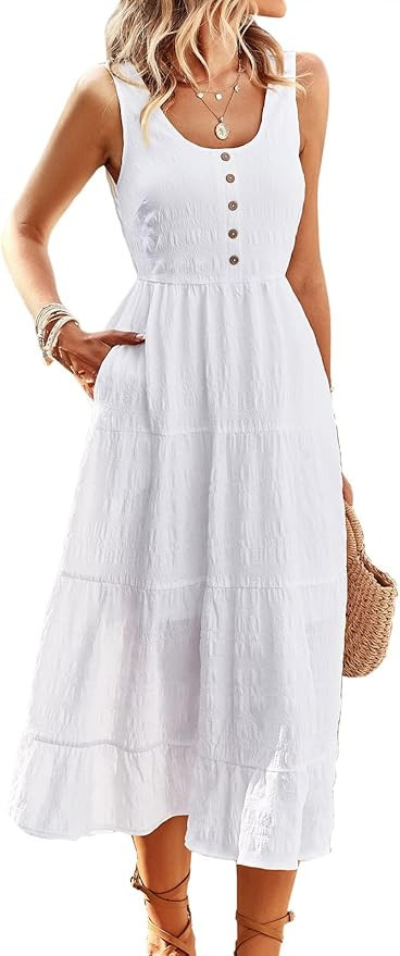 BestWendding Women's 2023 Casual Sleeveless Summer Maxi Dress Smocked Tank Dresses Tiered Long Fl... | Amazon (US)