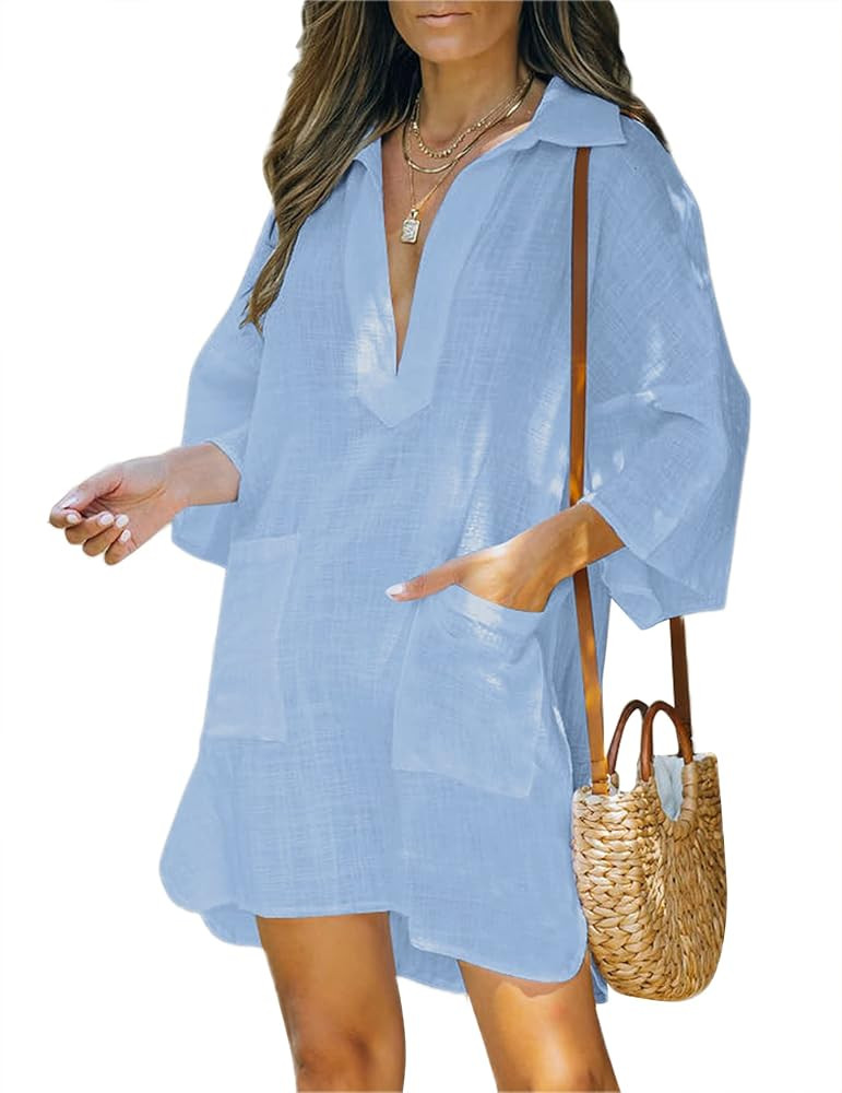 AI'MAGE Women Deep V Neck Cover Up Casual Cotton Linen Shirts Beachwear Half Sleeve Bikini Pool D... | Amazon (US)