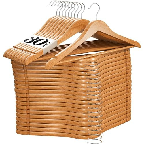 Home It Wooden Hangers 30 Pack - Natural Wood Durable Heavy Duty Coat Hangers Non Slip for Jacket, Shirt, Pants and Suit - Premium Solid Clothes Hangers for Closet with Chrome Swivel Hook | Amazon (US)