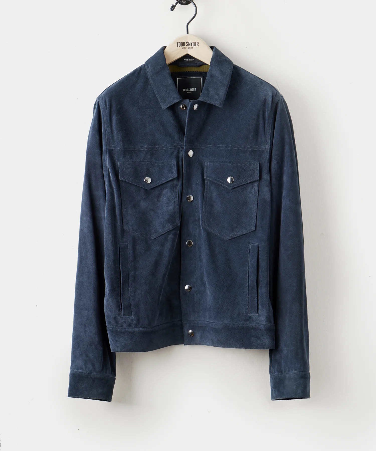 Italian Suede Snap Dylan Jacket in Navy | Todd Snyder