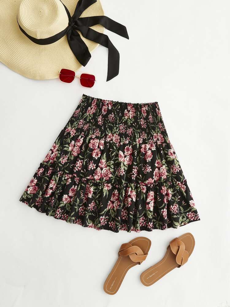 New
     
      SHEIN BASICS Plus Floral Print Shirred Frilled Skirt | SHEIN