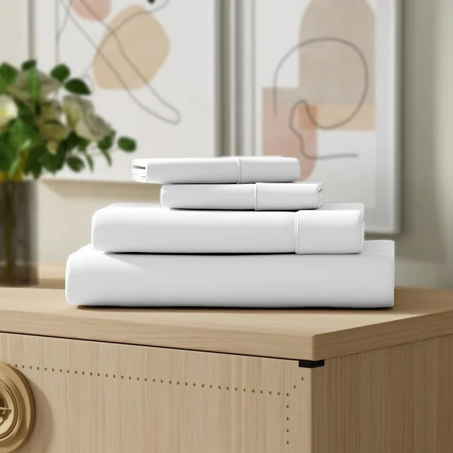 Color Sense 100% Cotton Percale Cool & Crisp 4-Piece Sheet Set Queen White | Walmart (US)
