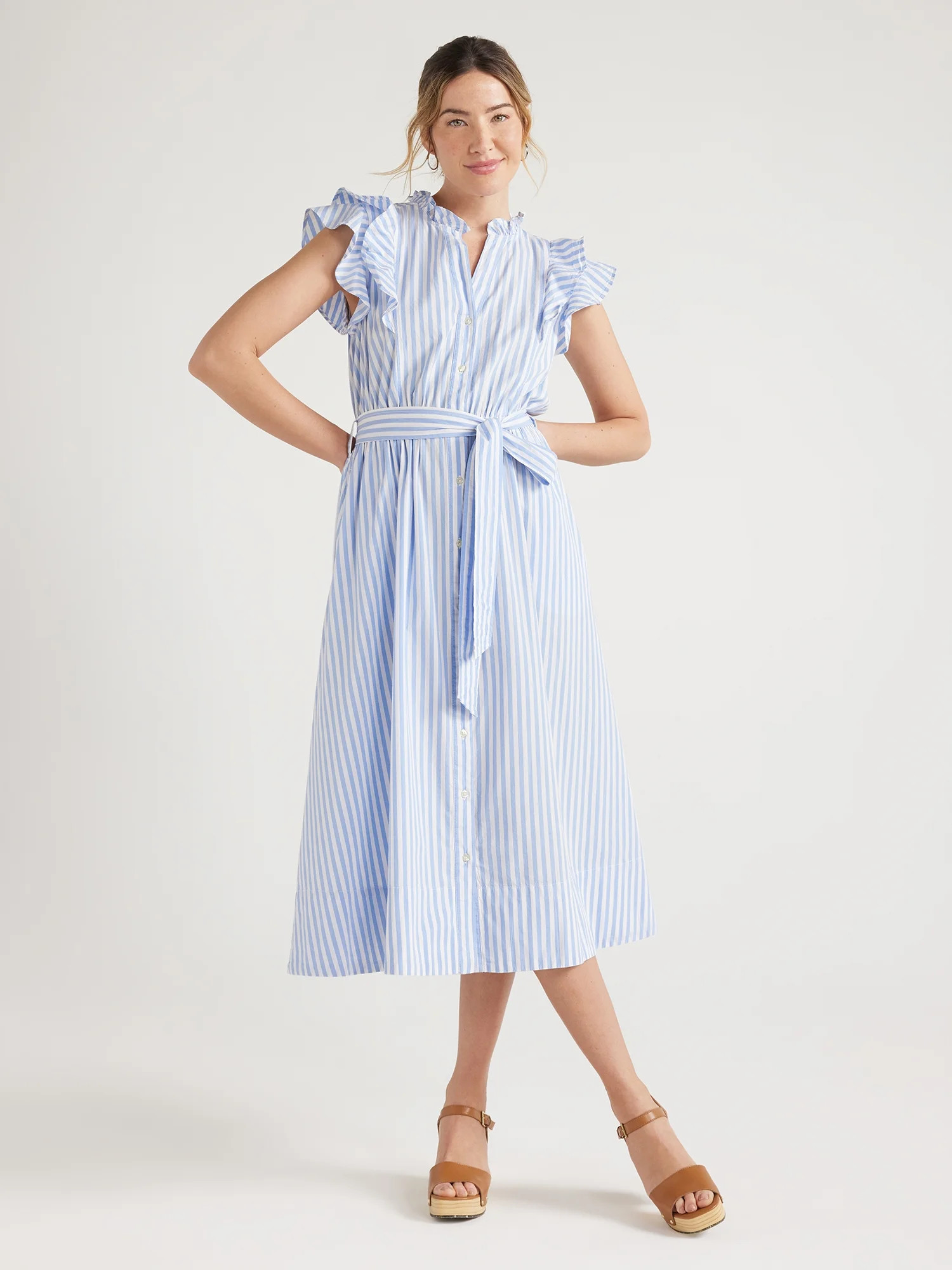 Free Assembly Women's Cotton Ruffle Neck Maxi Shirtdress, Sizes XS-XXL | Walmart (US)