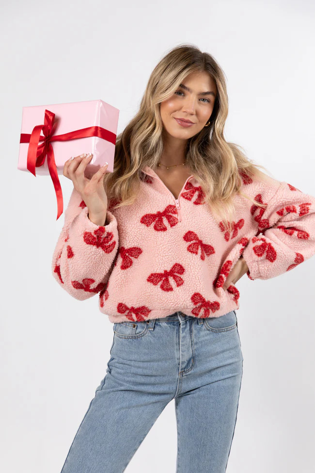 What Fun It Is Pink Bow Print Sherpa Pullover | Pink Lily