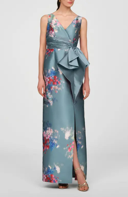 Kay Unger Kathleen Placed Floral Mikado Column Gown in Cyan Multi at Nordstrom, Size 8 | Nordstrom