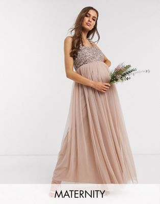 Maya Maternity Bridesmaid sleeveless square neck maxi tulle dress with tonal delicate sequin over... | ASOS (Global)
