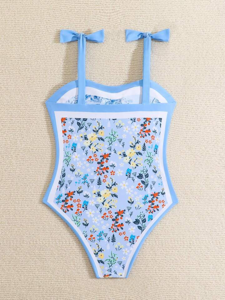 Tween Girl One-Piece Swimsuit With Floral Print, Summer Beach Swimwear | SHEIN
