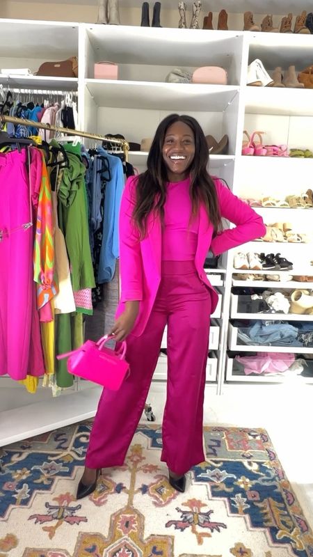 Workwear inspo with color?! 🥰🩷 I’m all about it. Linking this magenta pink pant suit for women. The blazer is an oversized fit and size down in the pants if you’re between sizes! #Barbiestyle #officestyle #express #petitefashion 

#LTKworkwear