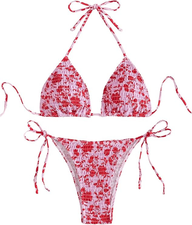 WDIRARA Women's 2 Piece Smocked Floral Print Triangle Swimsuit Tie Back Cheeky Bikini Set | Amazon (US)