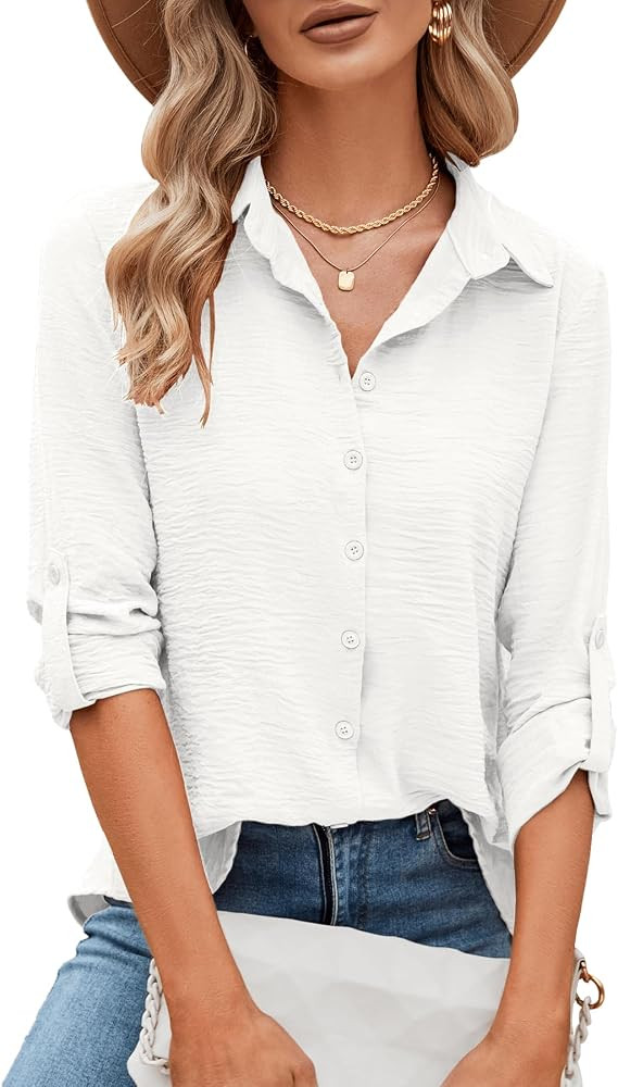 Odosalii Womens Button Down Shirts V Neck Rolled Up Long Sleeve Tops Elegant Dressy Blouses Busin... | Amazon (US)