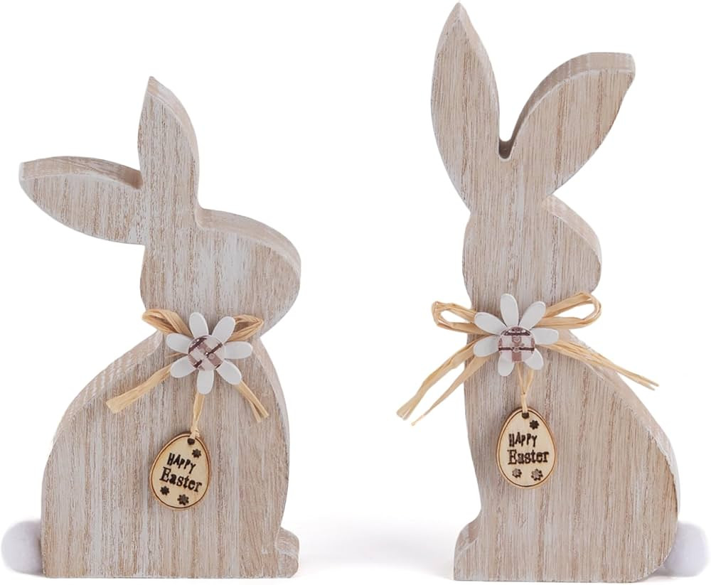 2 Piece Easter Wooden Bunny Decor - Farmhouse Sitting Wood Bunnies Sign for Tabletop and Mantel D... | Amazon (US)