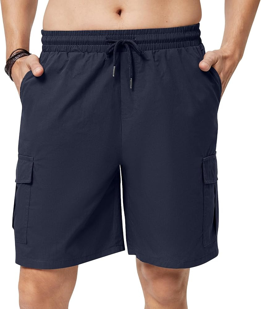Men's Cargo Shorts Casual Elastic Waist Drawstring Lightweight Cotton Shorts with 5 Pockets for A... | Amazon (US)