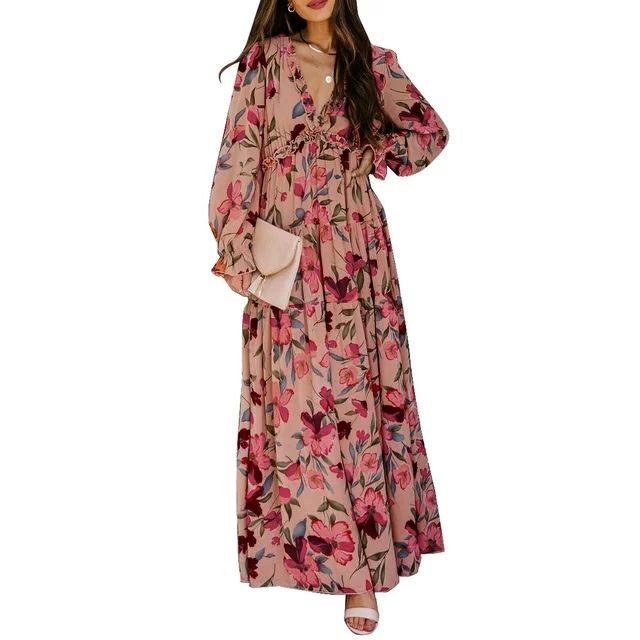 SHEWIN Womens Maxi Dress Boho Floral Print Casual Deep V Neck Long Sleeve Long Evening Dress Cock... | Walmart (US)