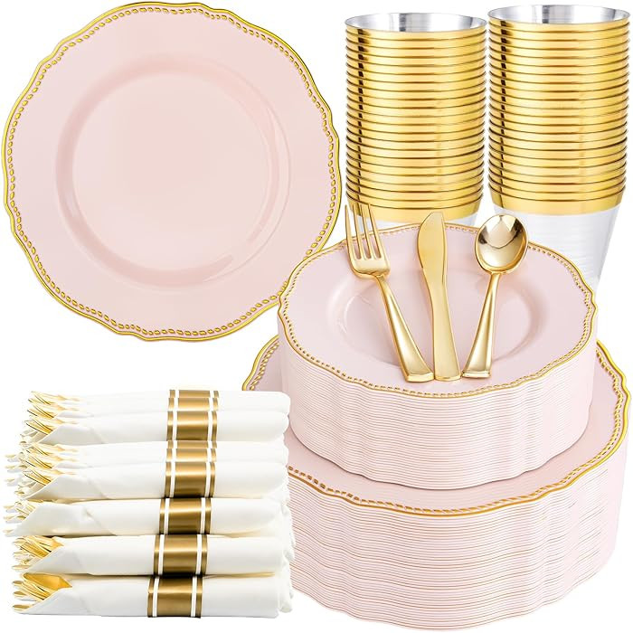 Hioasis 350pcs Pink and gold Plastic Plates - Pink Plastic Dinnerware Set Includes 50 Dinner Plat... | Amazon (US)