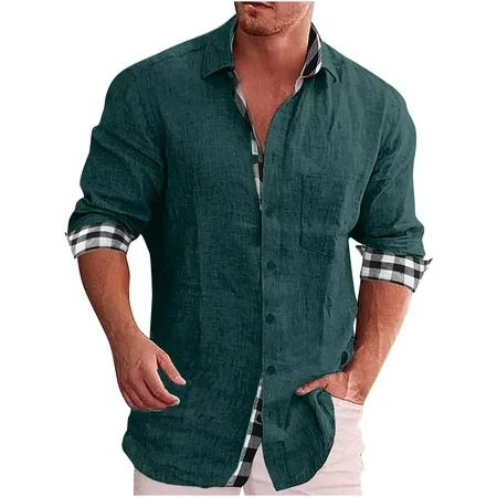 Paiwinds Mens Shirts Clearance Men Casual Solid Cotton And Linen Tie Pocket Plaid Patchwork Turndown Long Sleeve Button Shirt Green L | Walmart (US)