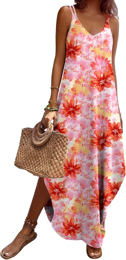 Zeagoo Women's Casual Sundress Summer Maxi Sleeveless V Neck Split Boho Beach Dress Travel Vacati... | Amazon (US)