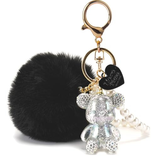YOU WIZV Teddy Bear Keychain, Cute Bling Keychains for Women and Puff Ball key chains for Car Keys, Backpack, Purse Accessories, Aesthetic Black Pom Pom Keychain | Amazon (US)