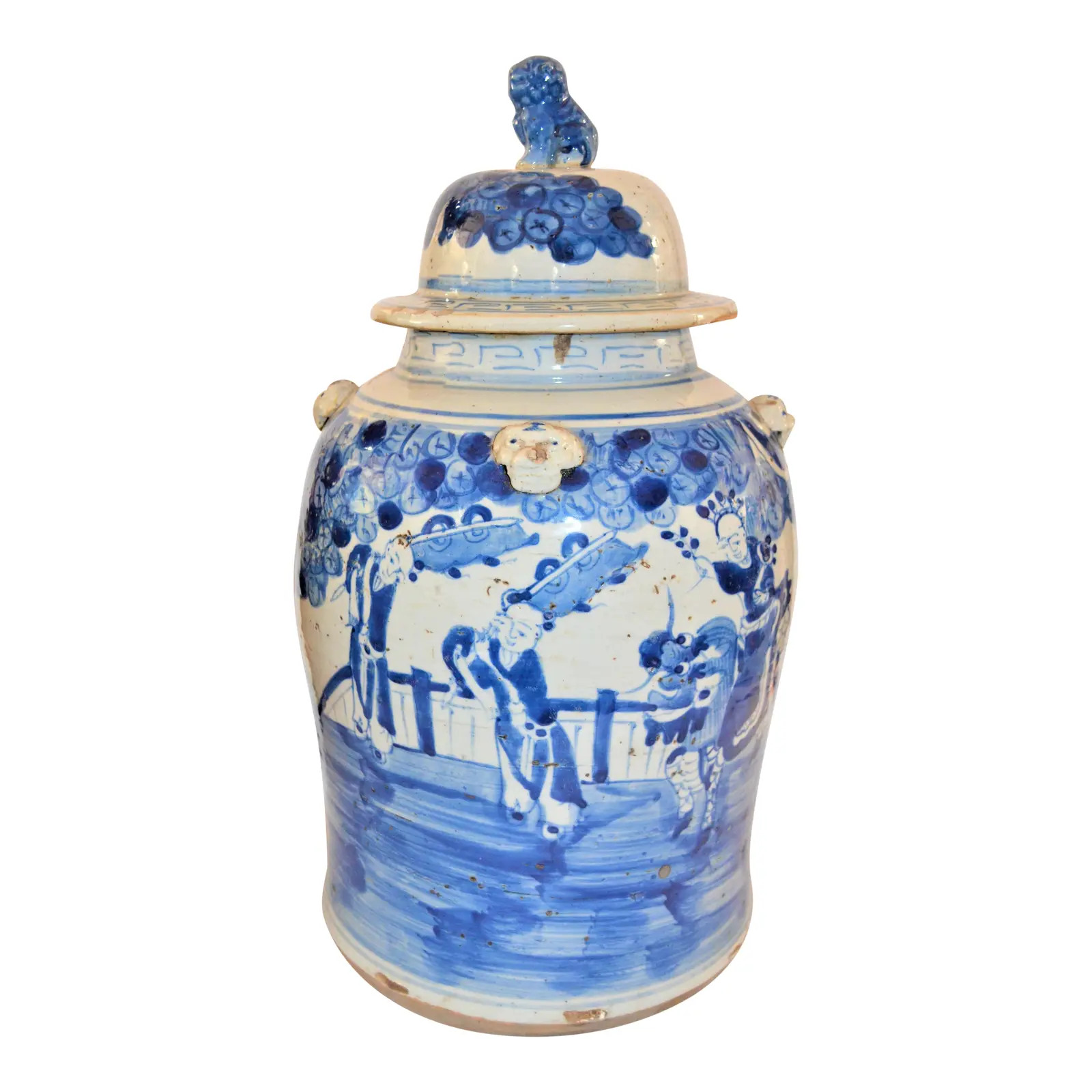 1990s Vintage Chinoiserie White & Blue Children & Qulin Ginger Jar | Chairish