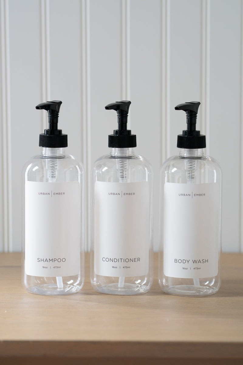Minimalist Collection - Clear Plastic White Shampoo, Conditioner, or Body Wash Dispenser | Urban Ember