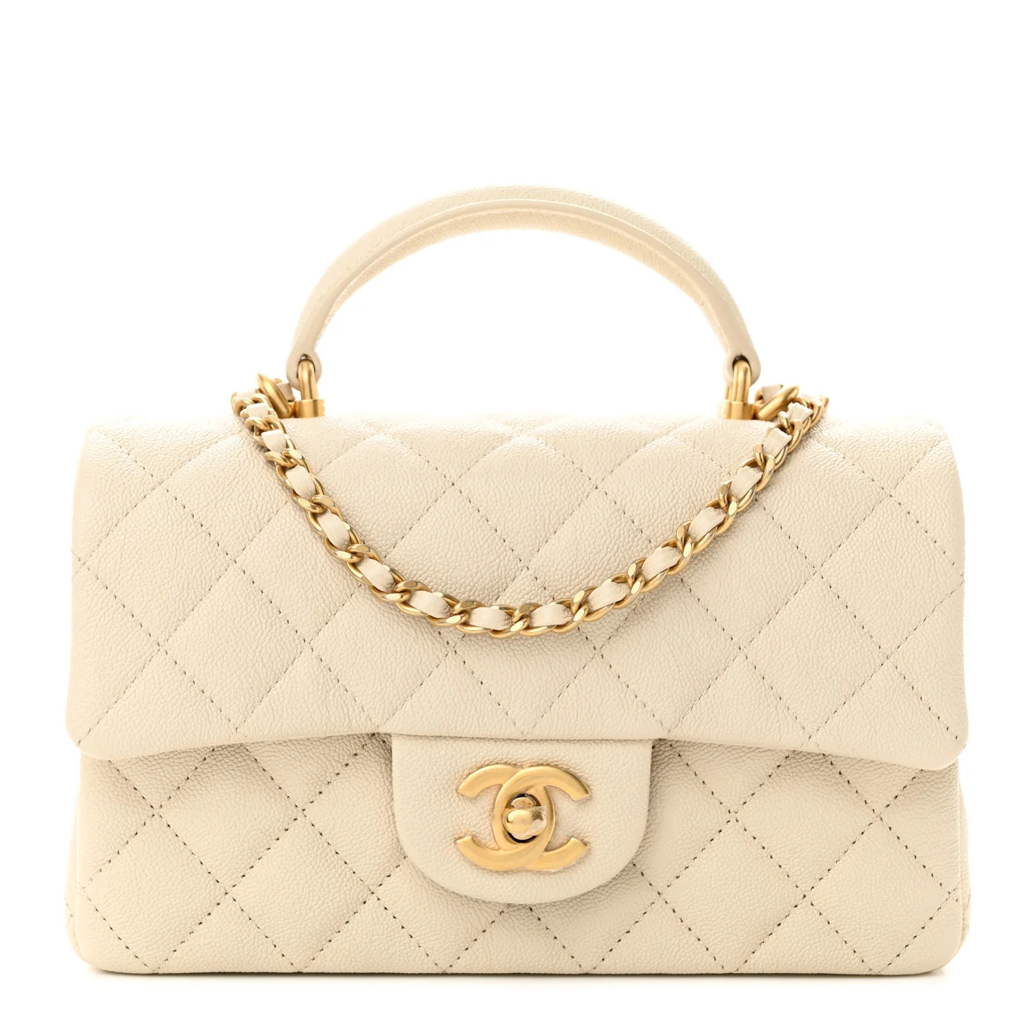 Caviar Quilted Mini Top Handle Rectangular Flap Beige | FASHIONPHILE (US)