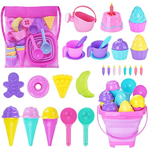 TSDATOWR Ice Cream Beach Toys Sand Toys Set for Kids, Collapsible Sand Bucket and Shovels Set with Mesh Bag, Sand Molds, Watering Can, Sandbox Toys for Kids and Toddlers, Travel Sand Toys for Beach | Amazon (US)