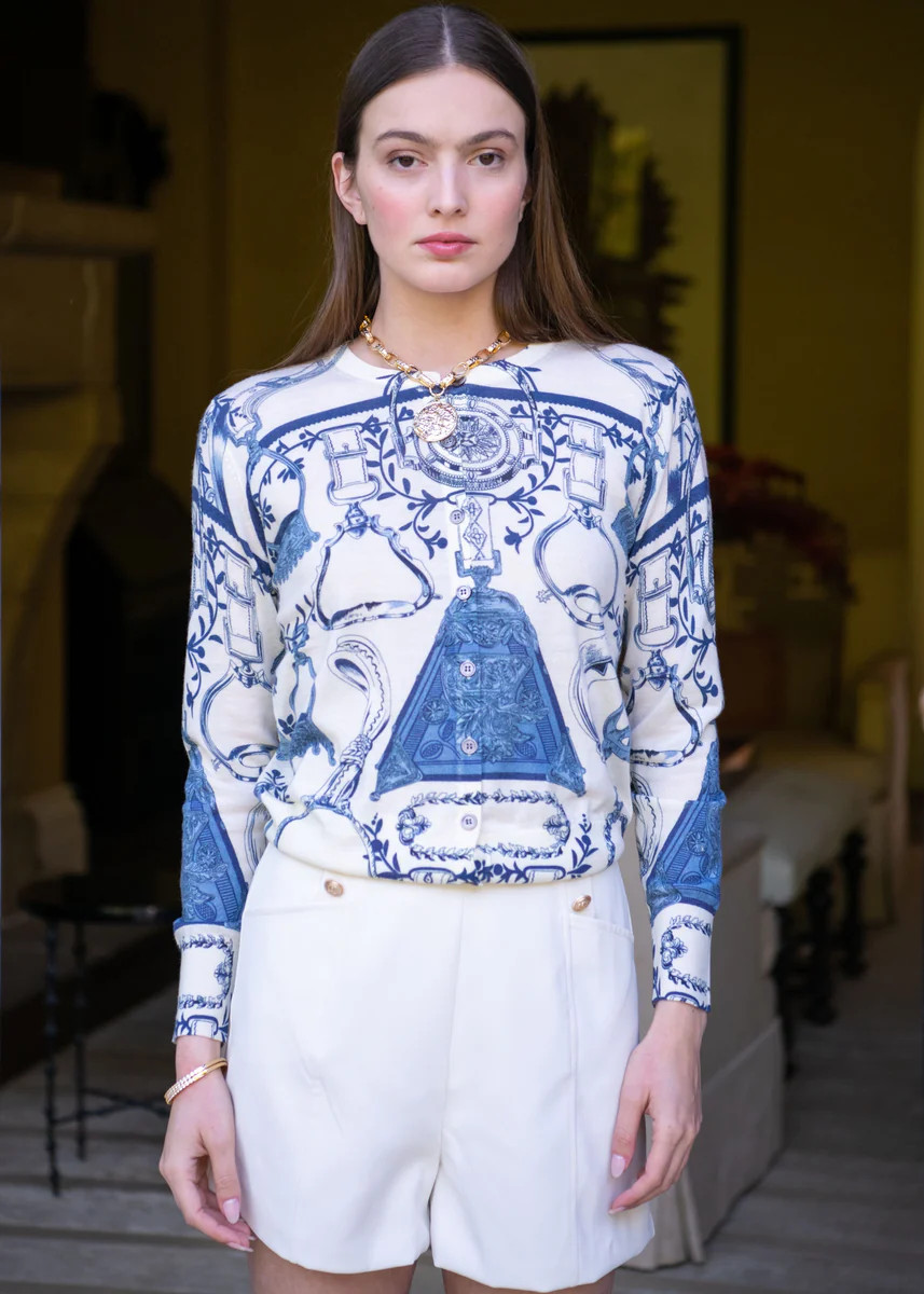 Marielle Navy and White Merino Wool Cardigan | Benaar La