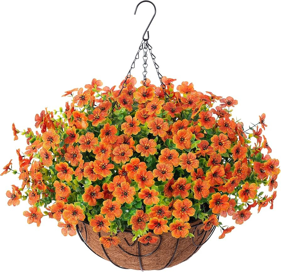 Artificial Fake Fall Hanging Plants Flowers Basket for Outdoor Decor, Faux Silk Orange Daisy in P... | Amazon (US)