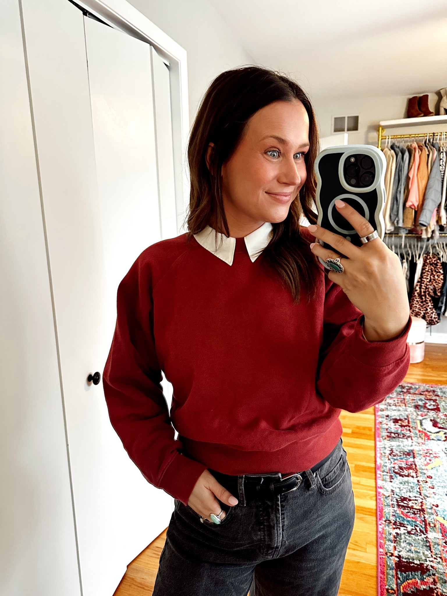 Todays outfit for toddler storytime / my jeans are the best fitting affordable wide leg jeans! I love them so much. My sweatshirt is half off right now and my satin button down is an Amazon find #momoutfit #falloutfit #momstyle #casualoutfit #crewneck #widelegjeans 

#LTKSaleAlert #LTKmomlife #LTKFindsUnder50